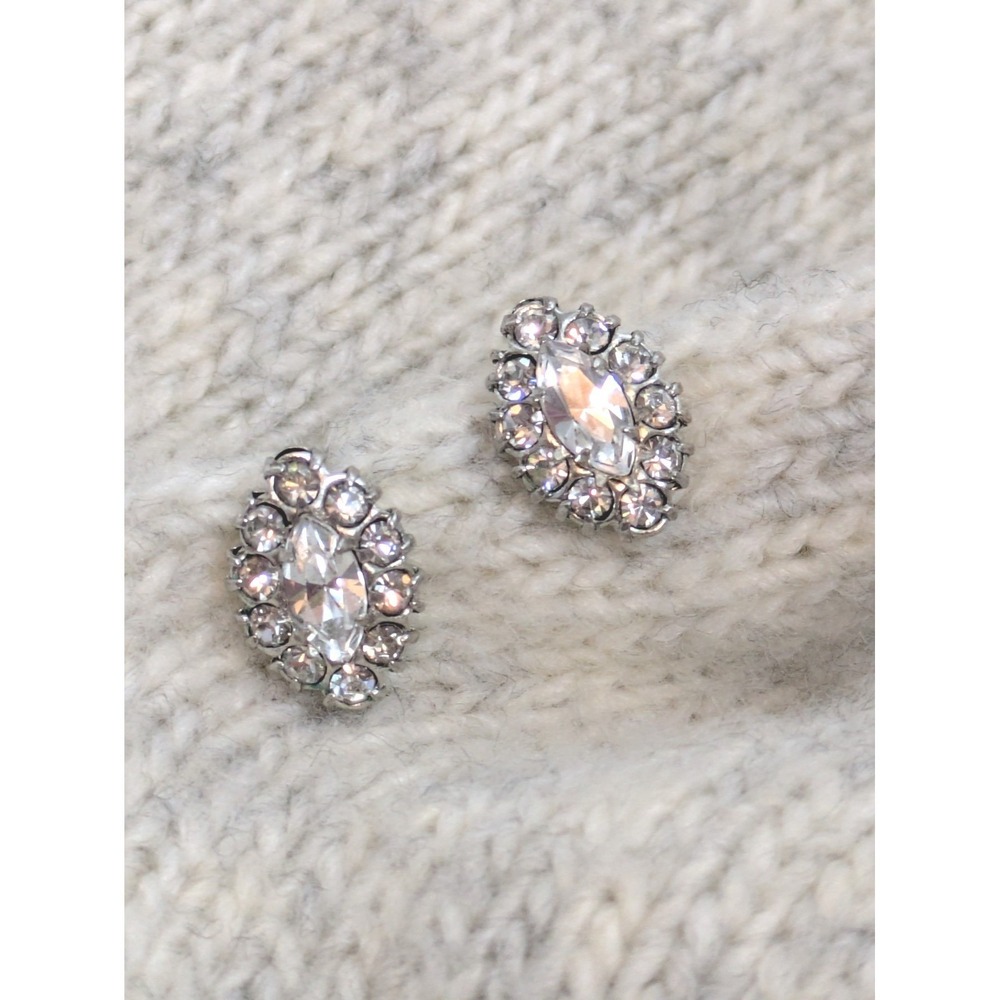 Vintage Rhinestone Stud Earrings In Silver Tone Oval Screw Back Romantic Glam